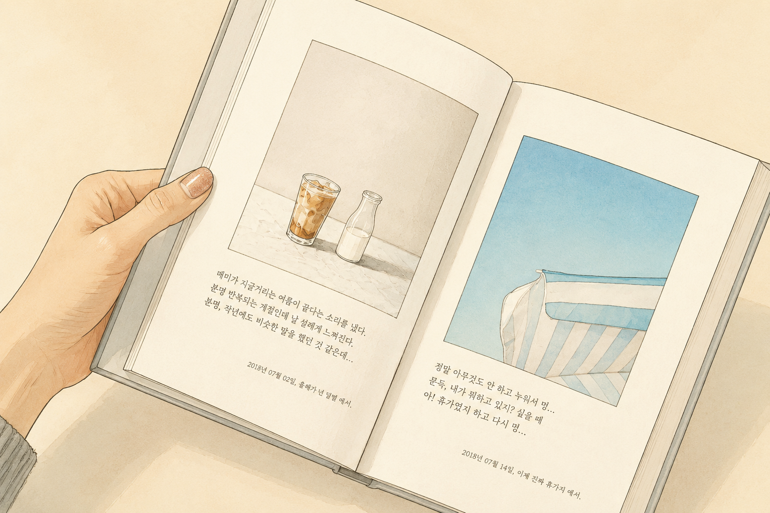 세줄일기로 제작된 한 권의 책을 펼쳐 보여주는 모습